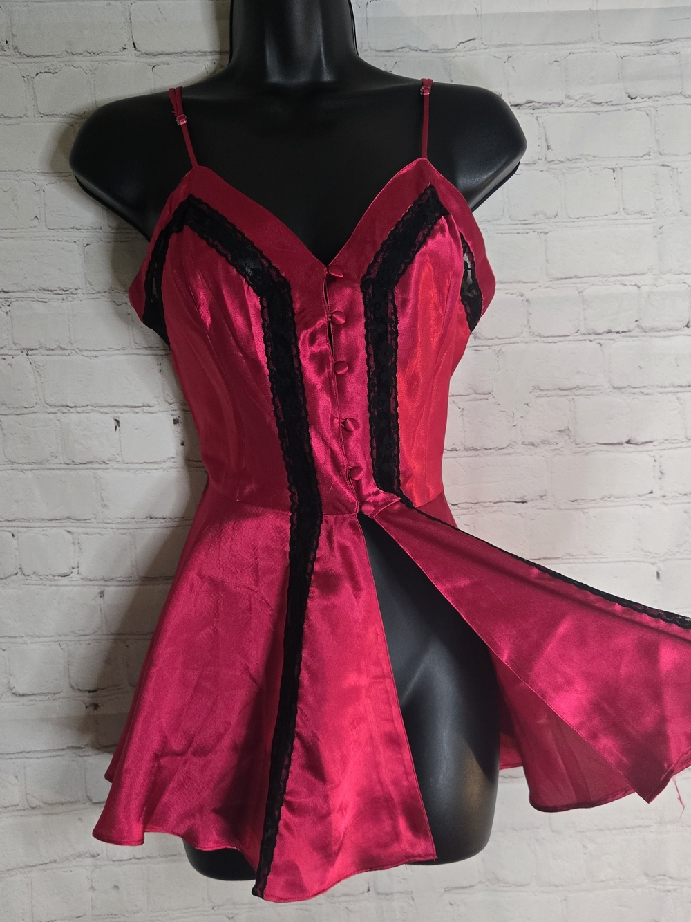 Gold Label Victoria's Secret red Chemise dress sheer black lace trim button-up